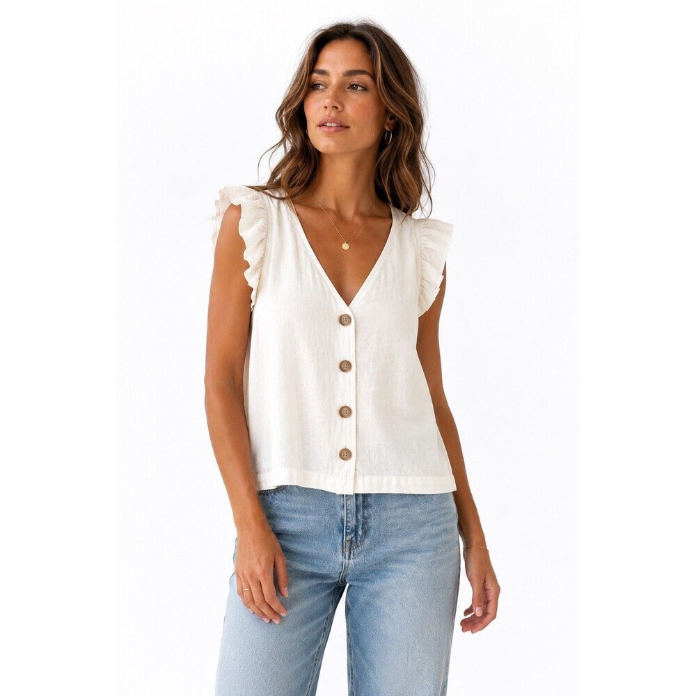 Madewell Linen Blend Ruffle Sleeve Button Front Tank Top Ivory Size 0